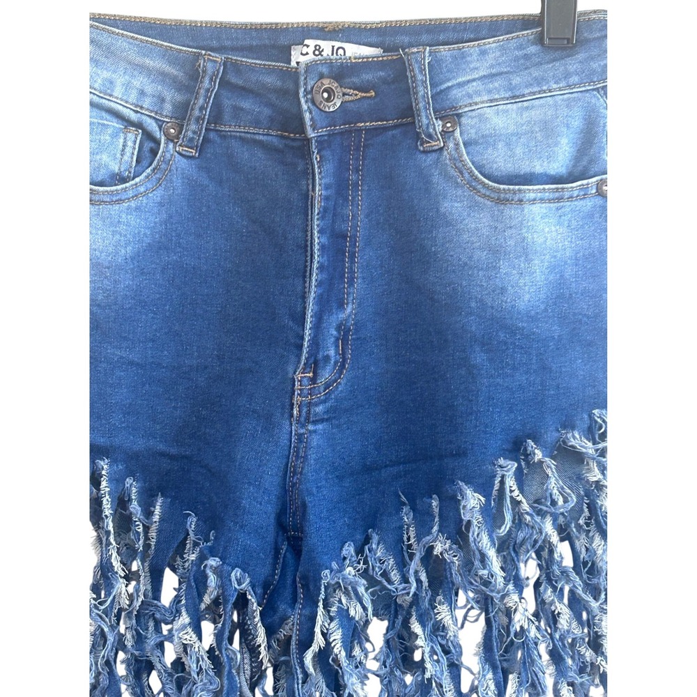 JC & JQ Blue Denim High Waisted Fringe Tassel Shorts HS2309 Medium Wash Womens S - Picture 2 of 6